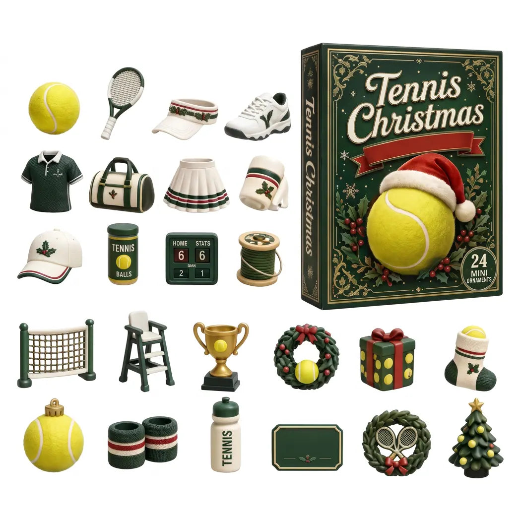 Tennis Advent Calendar with tennis-inspired ornaments